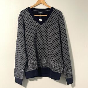 Jos A Bank Mens V Neck Sweater XXL Navy Blue Gray Diamond Pattern Wool Blend NWT